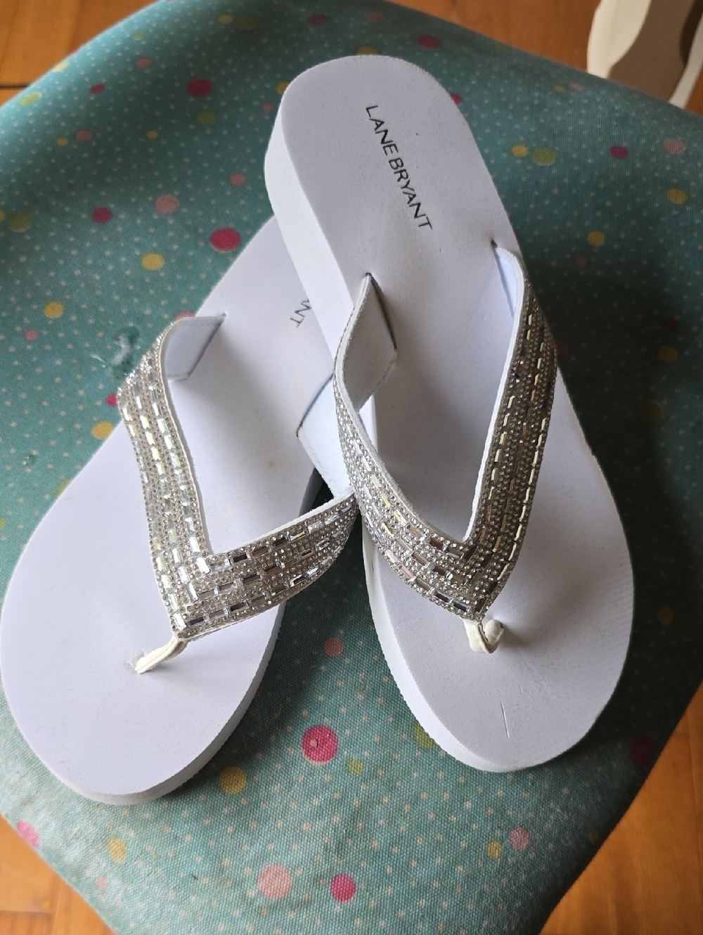 Lane Bryant White Sandals with Silver Beaded Straps